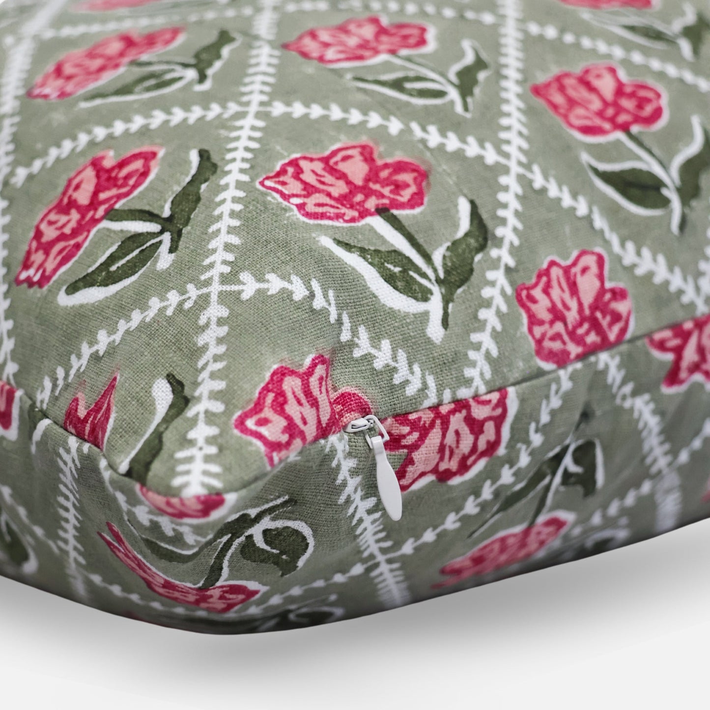 Noor Linen Throw Pillow Cover — Olive & Pink