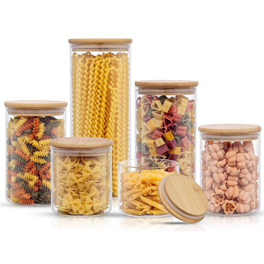 Glass Pantry Storage Jars with Airtight Bamboo Lids – Set of 6
