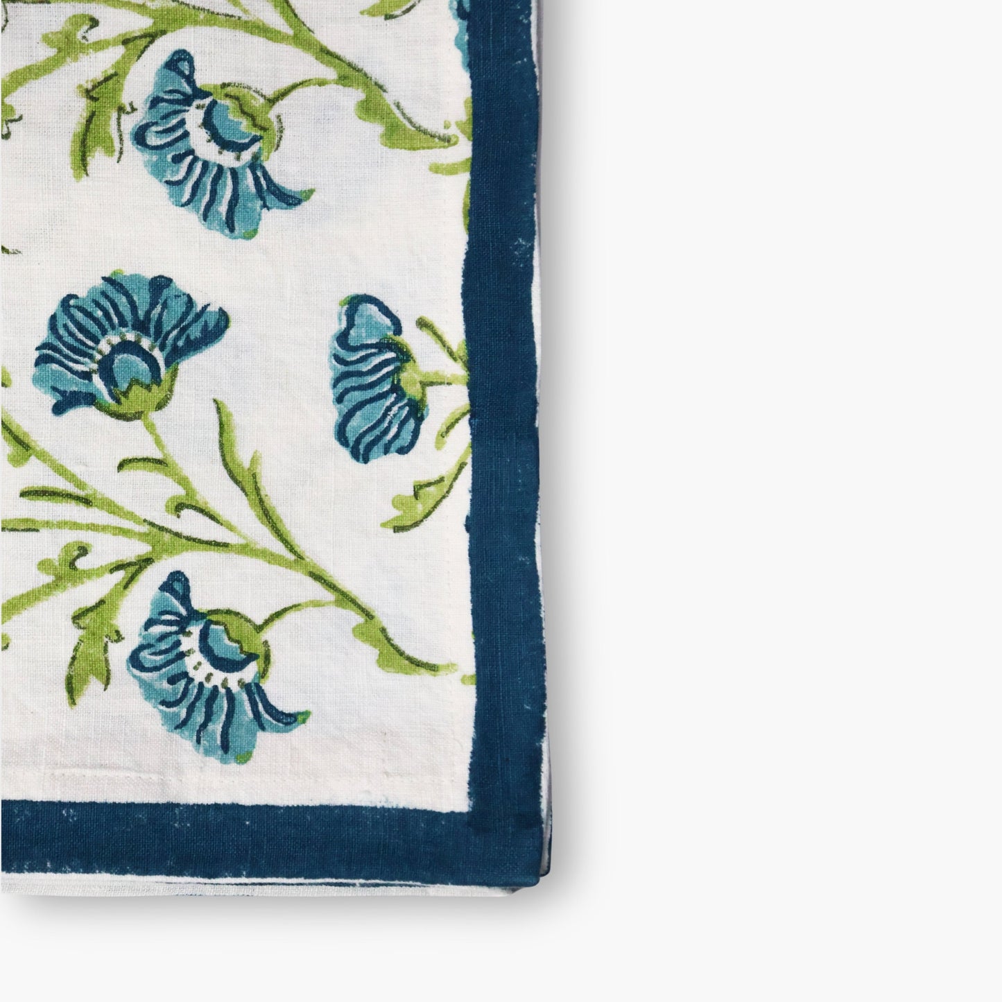 Bella Hand-Printed Linen Table Runner — Olive Green & Blue