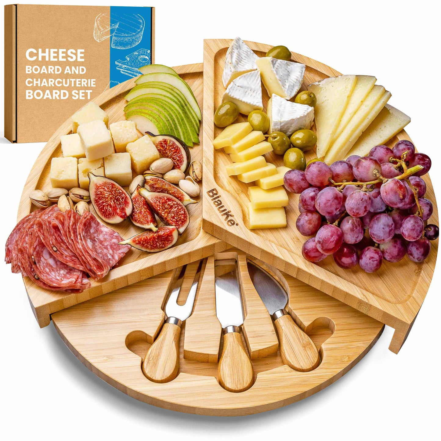 Bamboo Charcuterie Board & Knife Set | 14" Swivel Top with Slide-Out Drawer