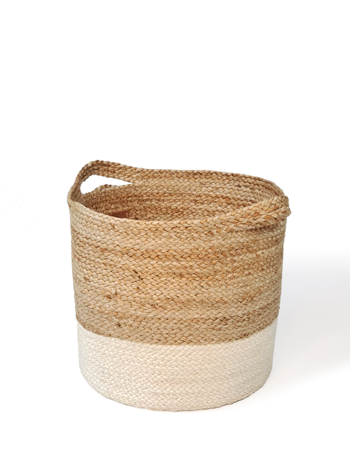 Woven basket with natural top and white bottom on a white background