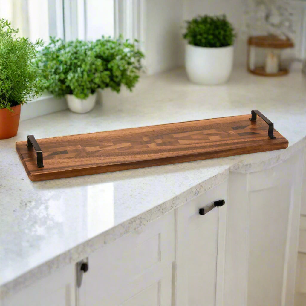 Acacia Wood Serving Tray with Metal Handles