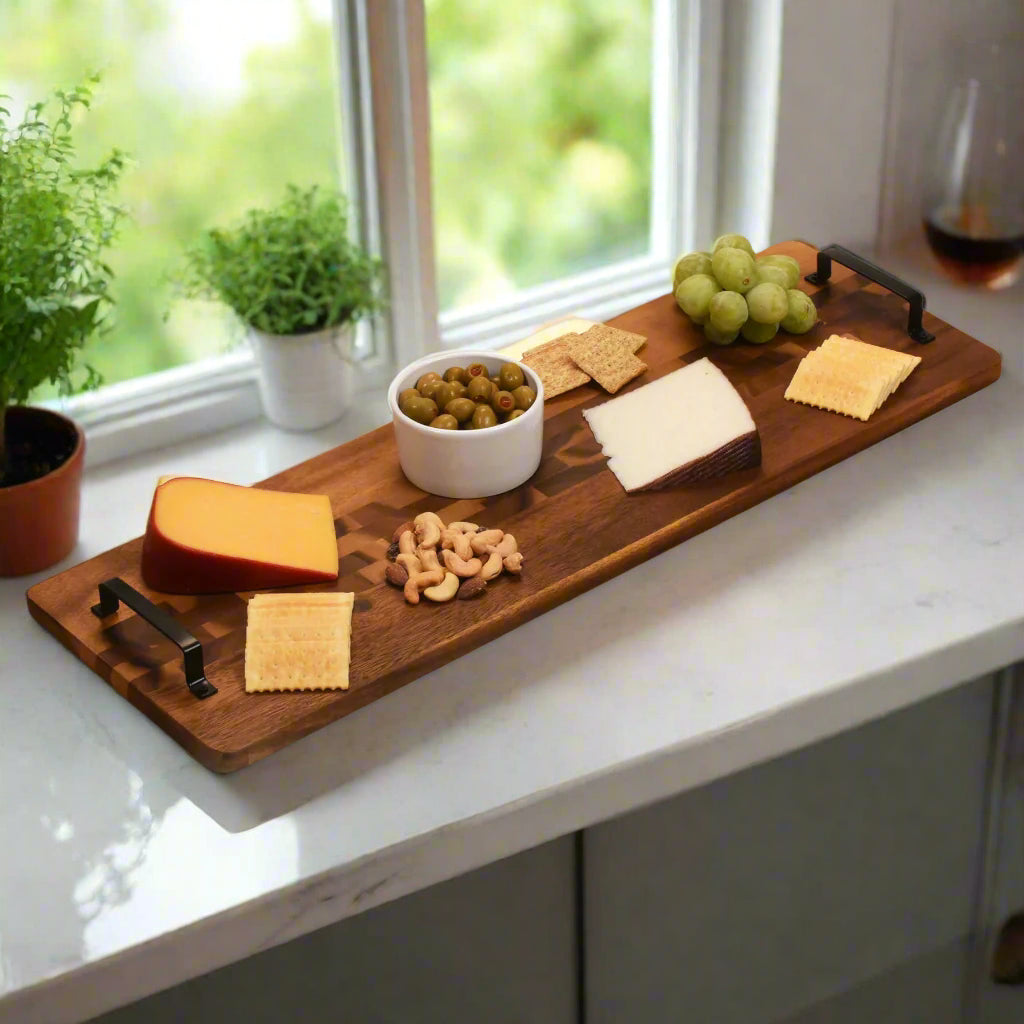 Acacia Wood Serving Tray with Metal Handles