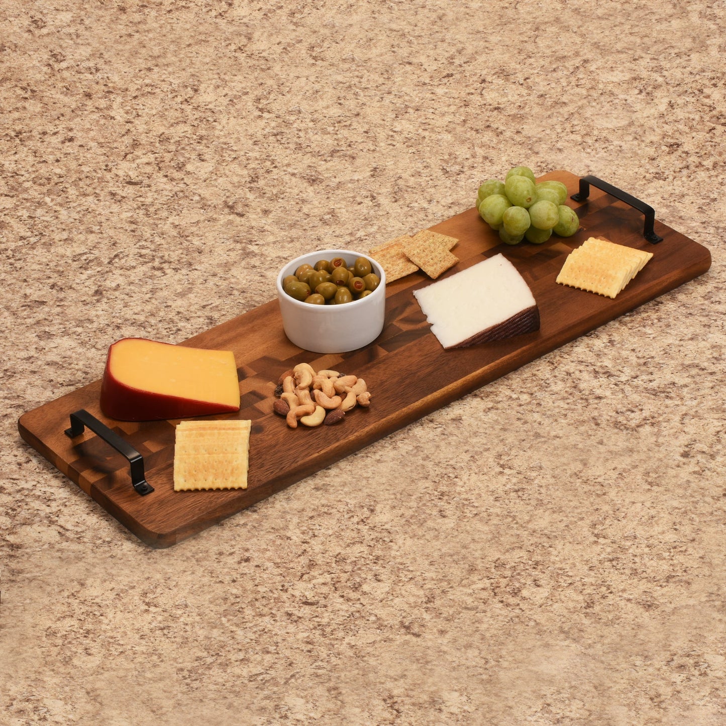 Acacia Wood Serving Tray with Metal Handles