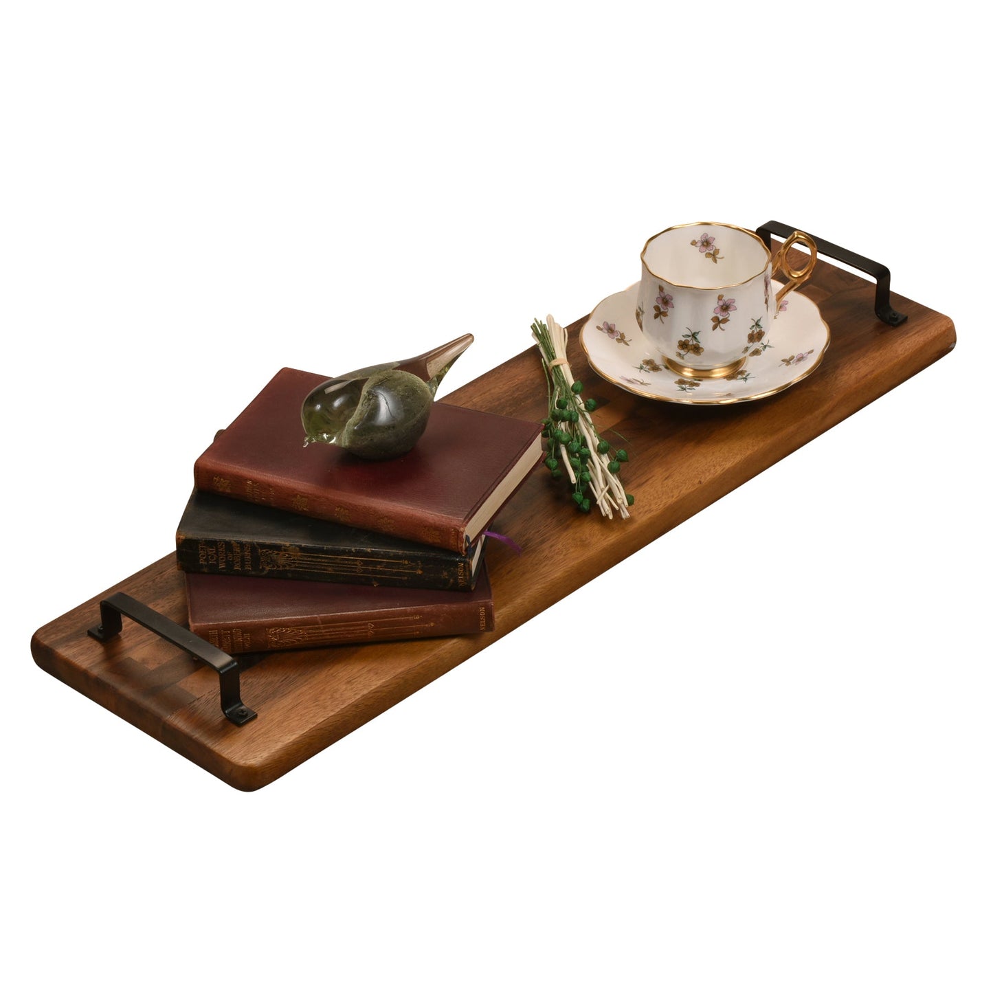 Acacia Wood Serving Tray with Metal Handles
