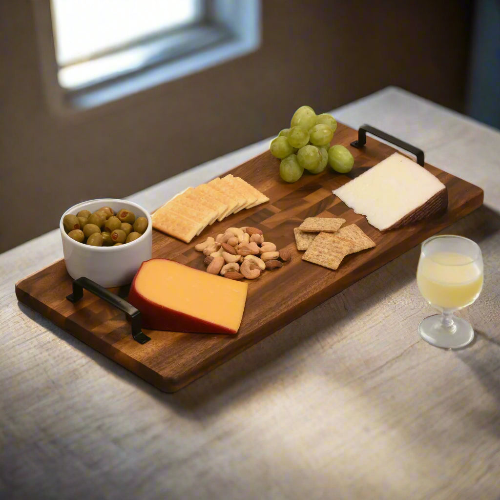 Acacia Wood Serving Tray with Metal Handles