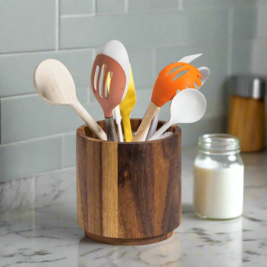 Acacia Wood Rotating Utensil Holder | Lazy Susan Countertop Organizer (Medium & Large)