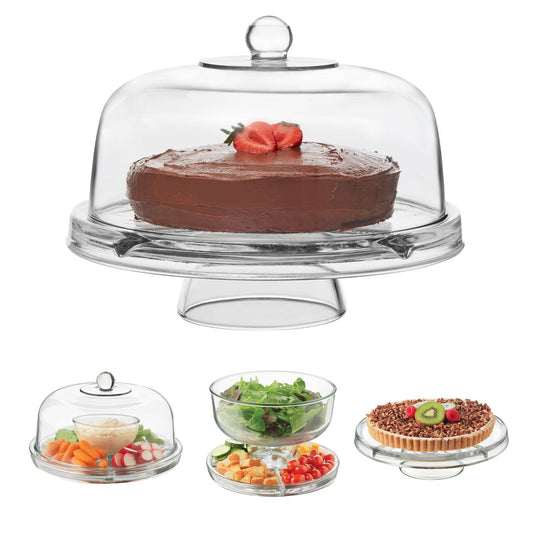 Clear glass cake stand with a chocolate cake on a white background