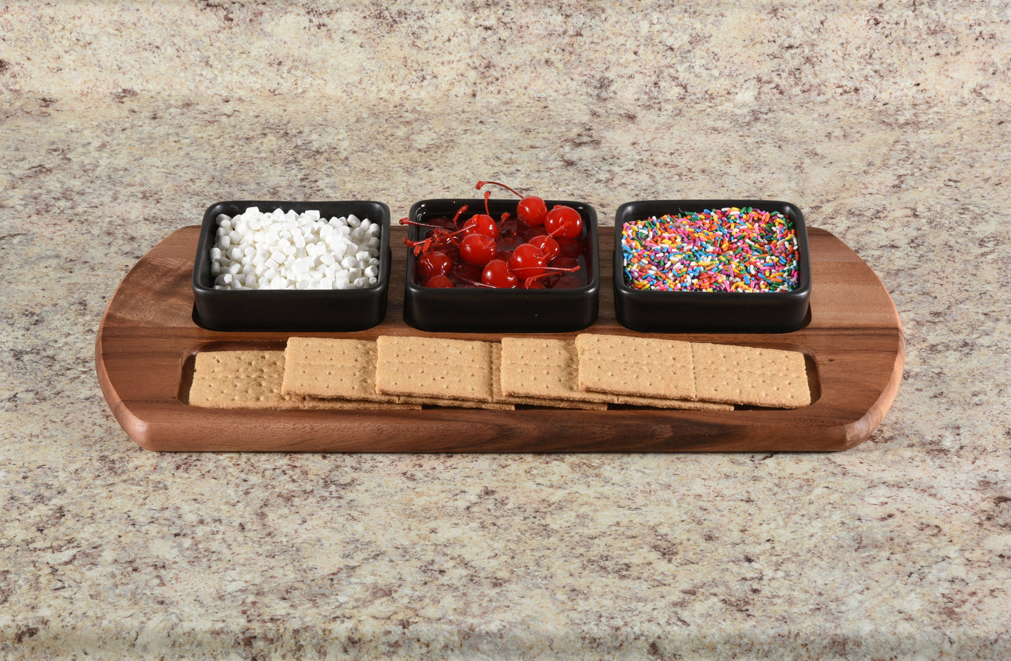 Charcuterie/ Serving Tray w/ 3  black square ceramic bowls