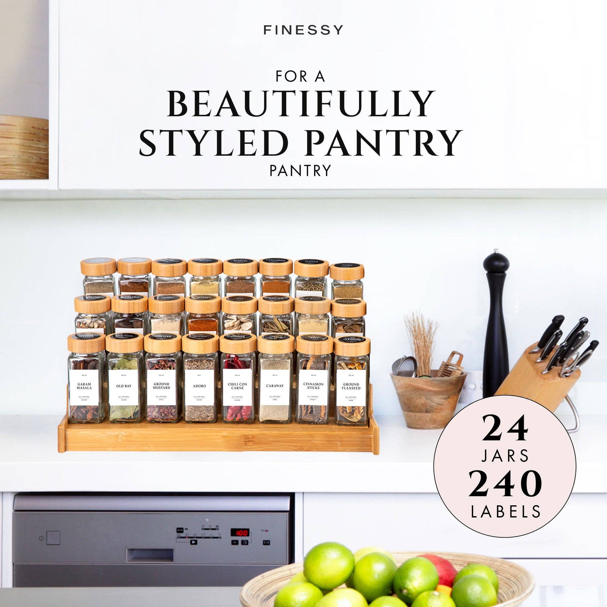 Spice rack with jars on a kitchen counter, for a beautifully styled pantry.