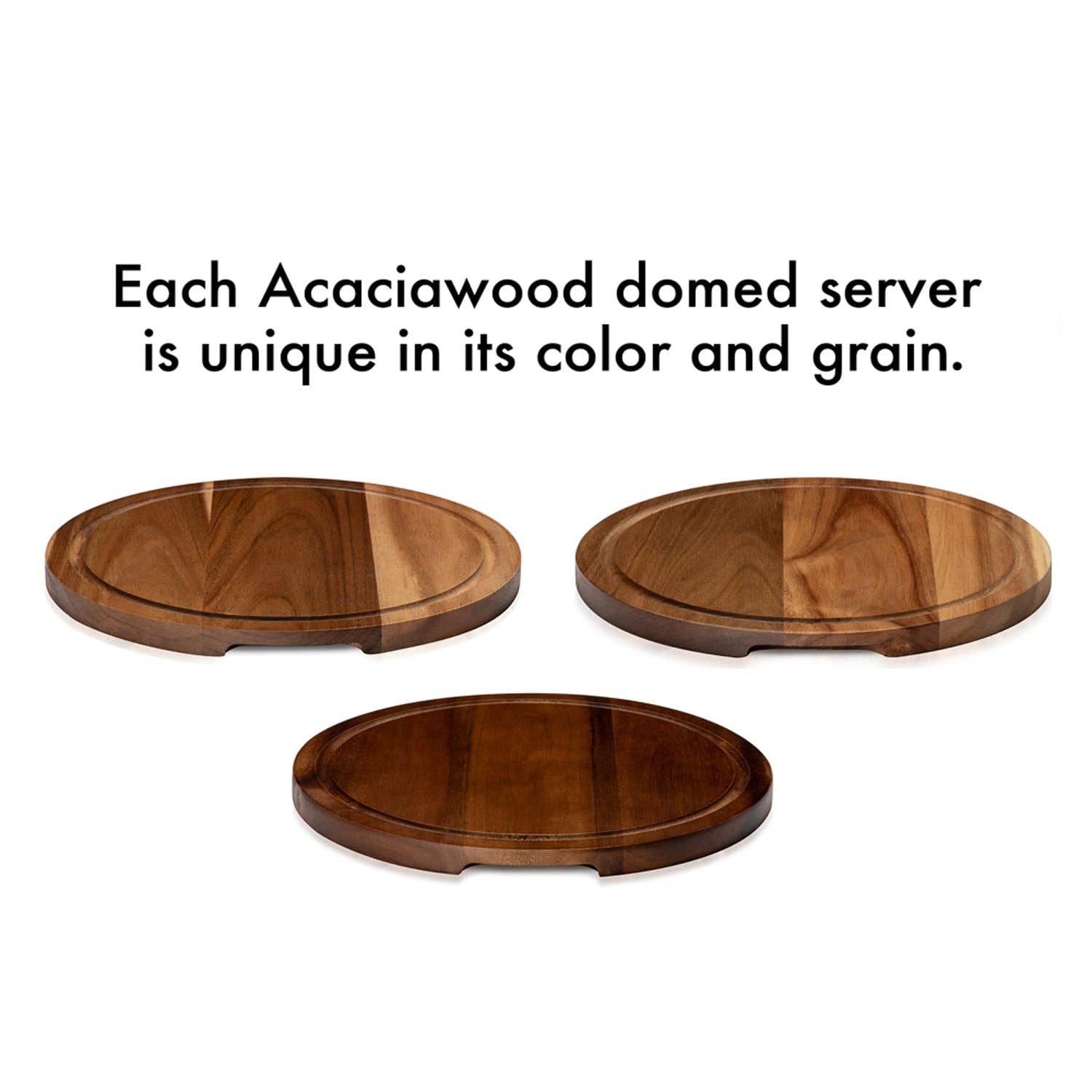 Three acaciwood domed servers on a white background with text about their uniqueness.
