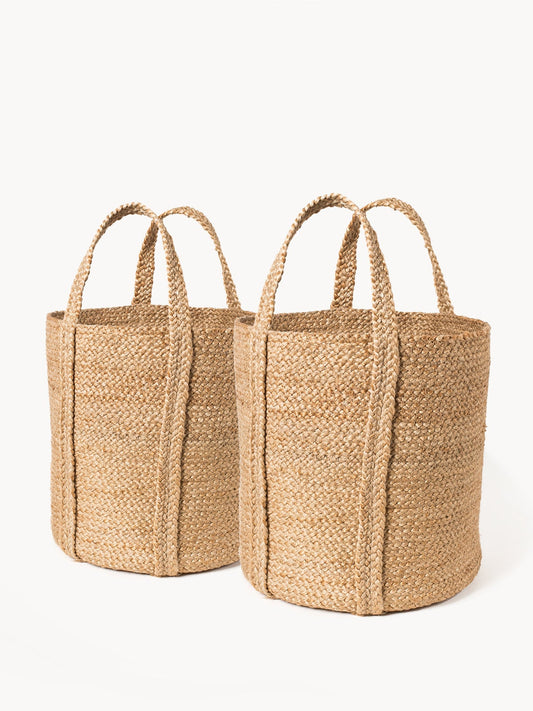 Natural Braided Jute Kata Basket with Handle | Handcrafted Storage (S, L, Set of 2)