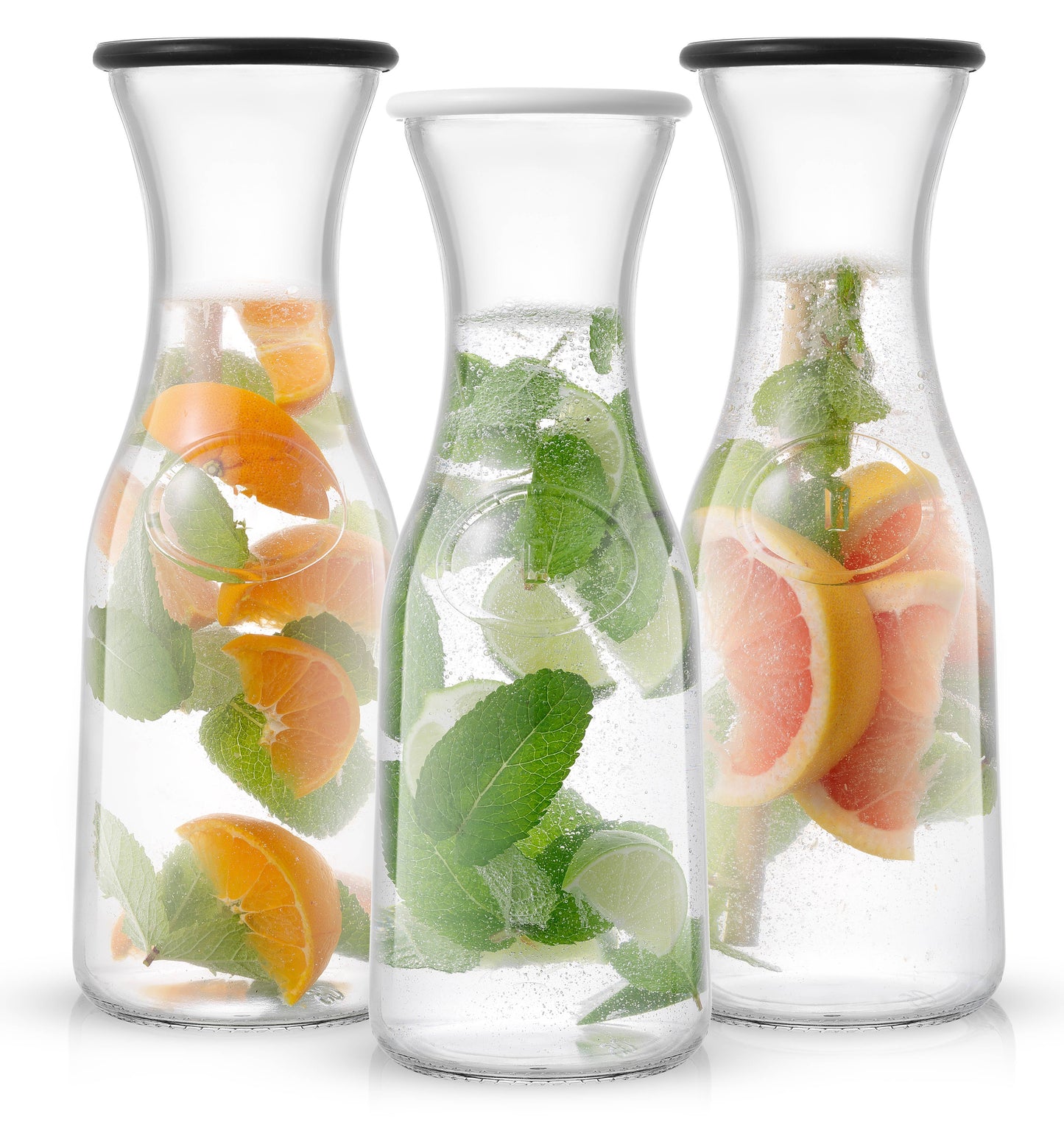 JoyJolt Hali Glass Carafe Set – 35oz (Set of 3) with Lids