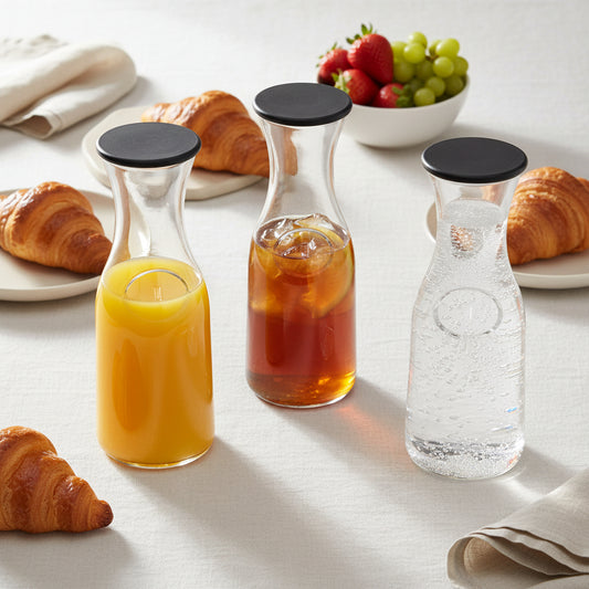 JoyJolt Hali Glass Carafe Set – 35oz (Set of 3) with Lids