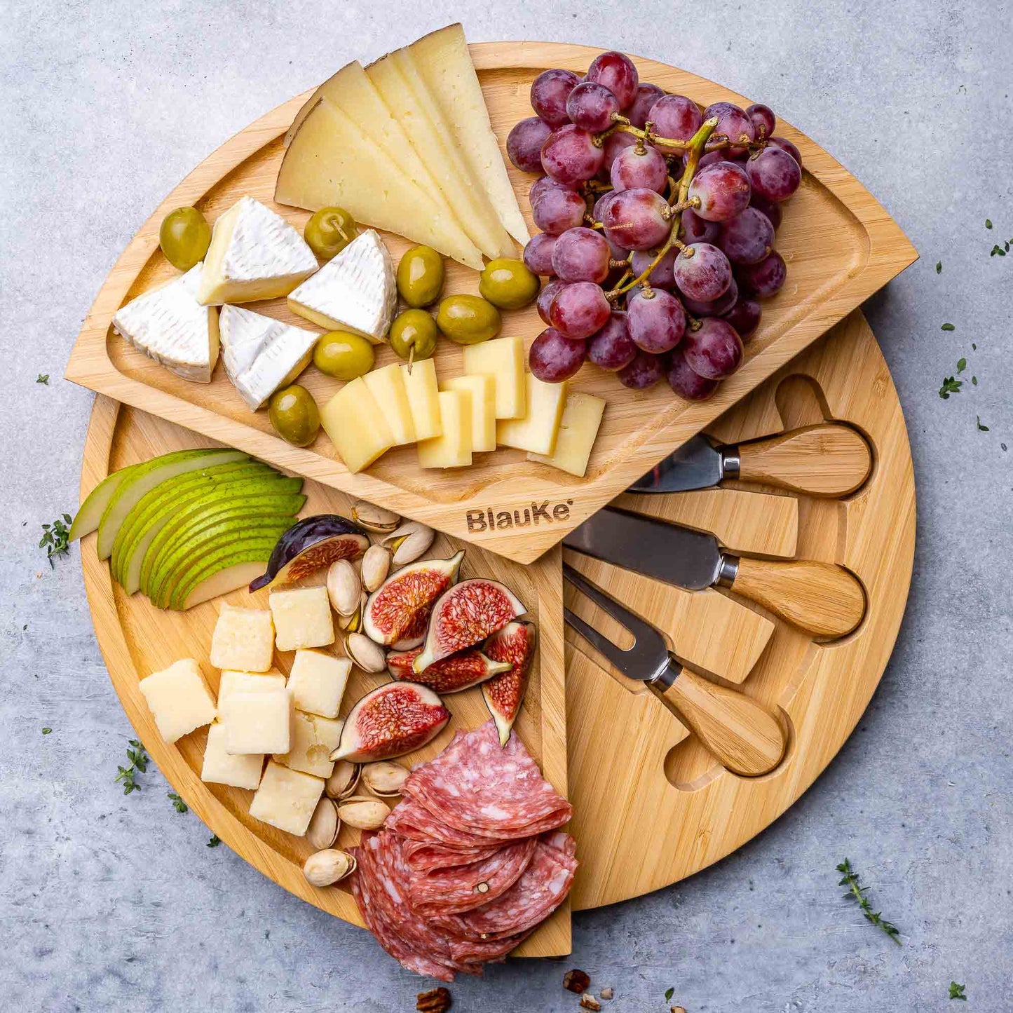Bamboo Charcuterie Board & Knife Set | 14" Swivel Top with Slide-Out Drawer
