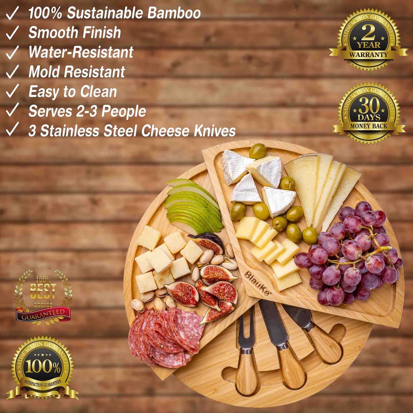 Bamboo Charcuterie Board & Knife Set | 14" Swivel Top with Slide-Out Drawer