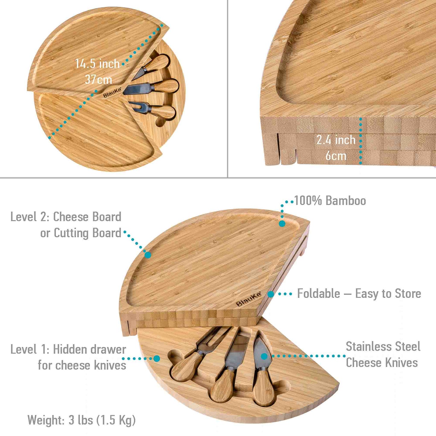 Bamboo Charcuterie Board & Knife Set | 14" Swivel Top with Slide-Out Drawer