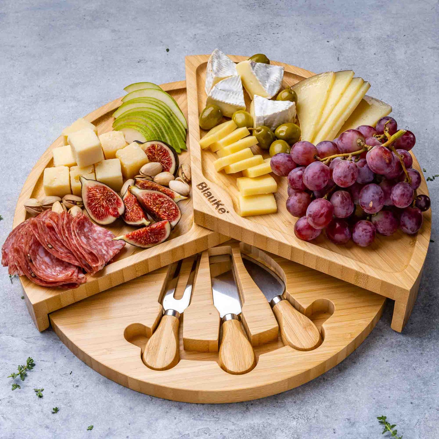 Bamboo Charcuterie Board & Knife Set | 14" Swivel Top with Slide-Out Drawer