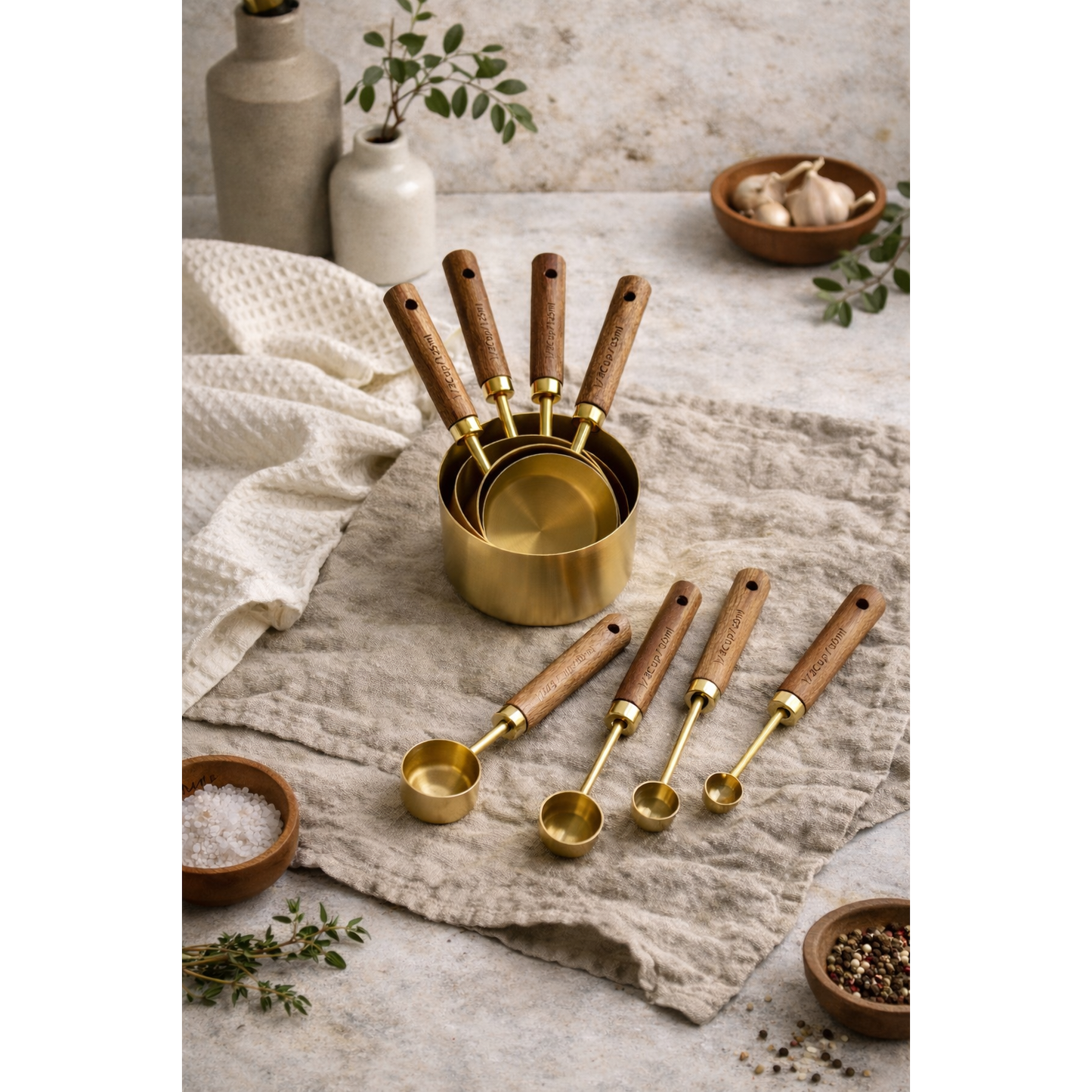 Acacia Wood & Gold Measuring Cups