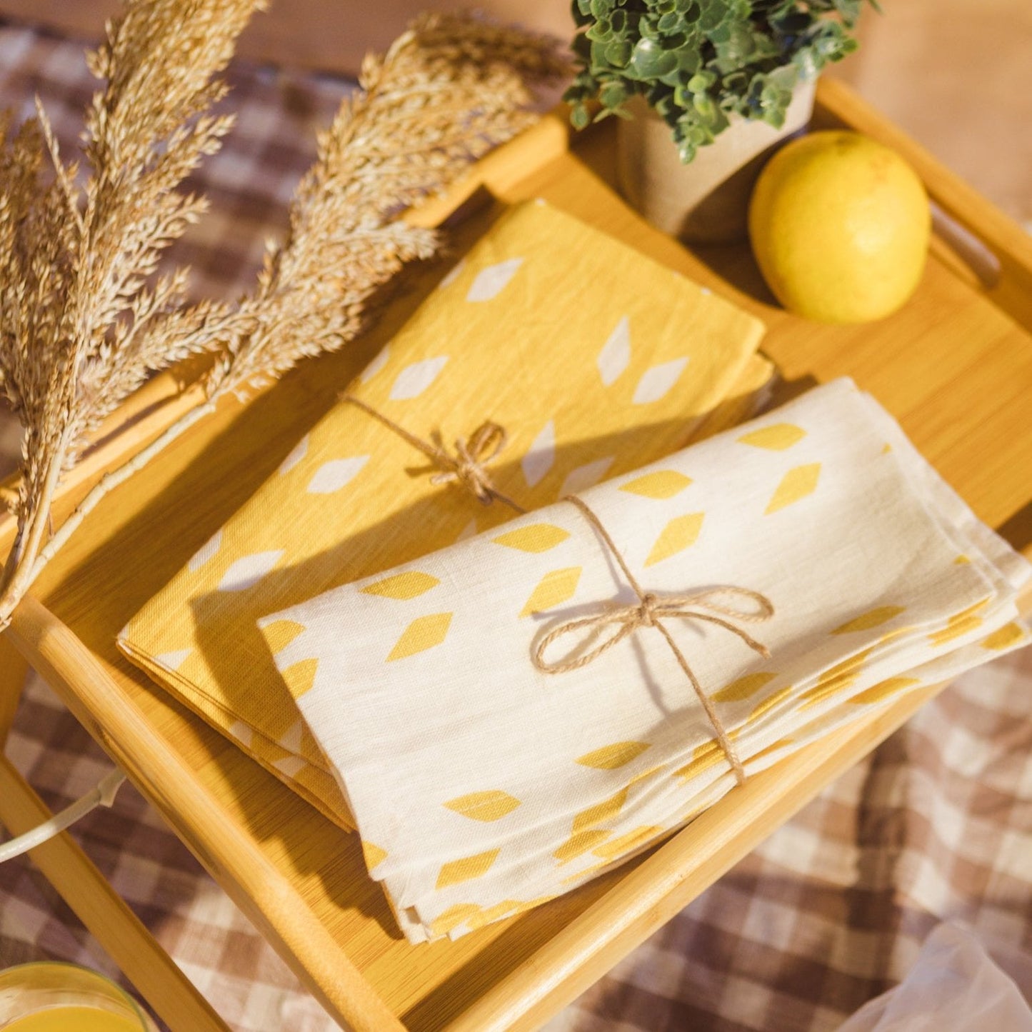 Terra Pure Linen Napkins, Mustard & White — Set of 2