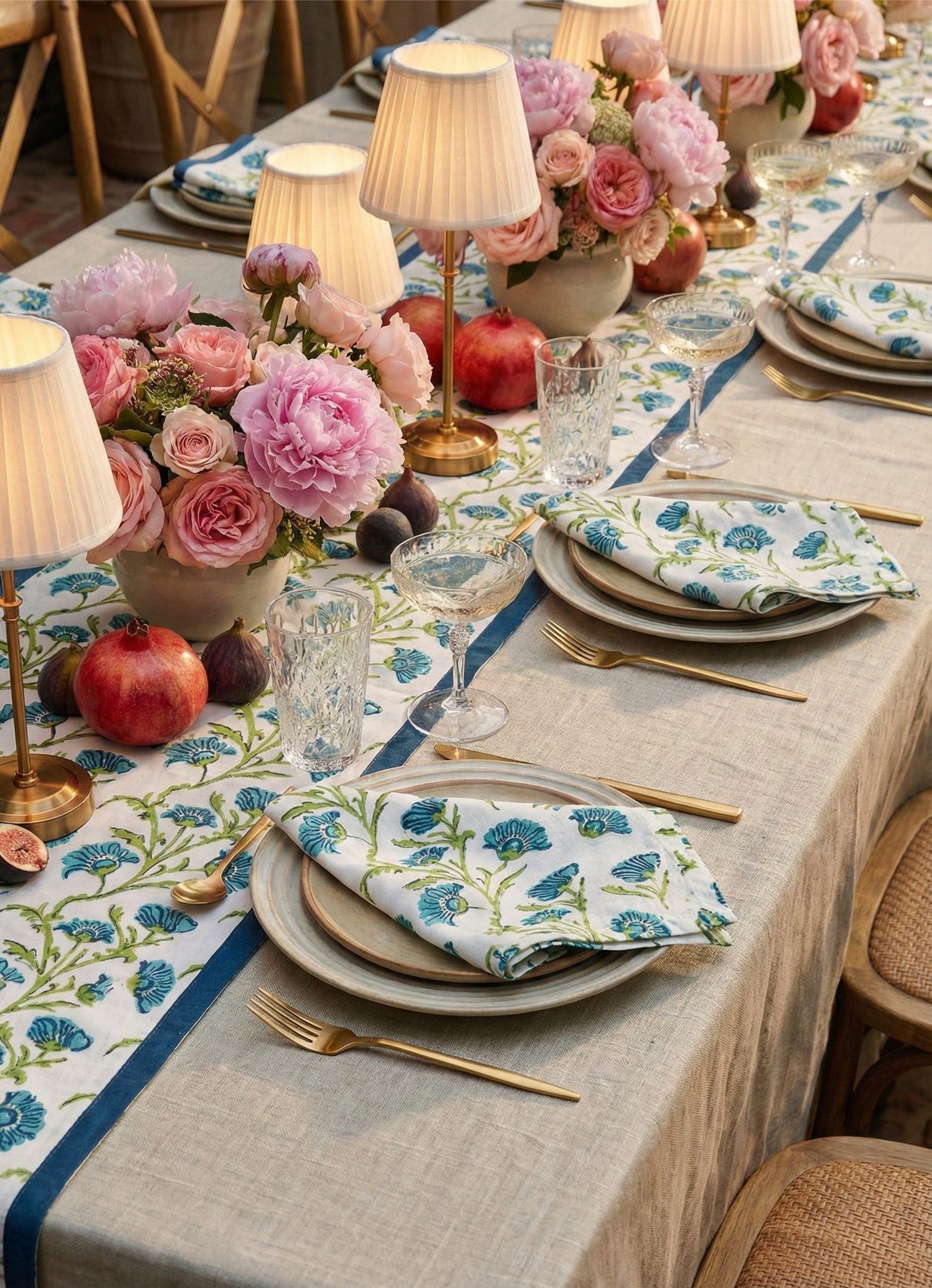 Bella Hand-Printed Linen Table Runner — Olive Green & Blue