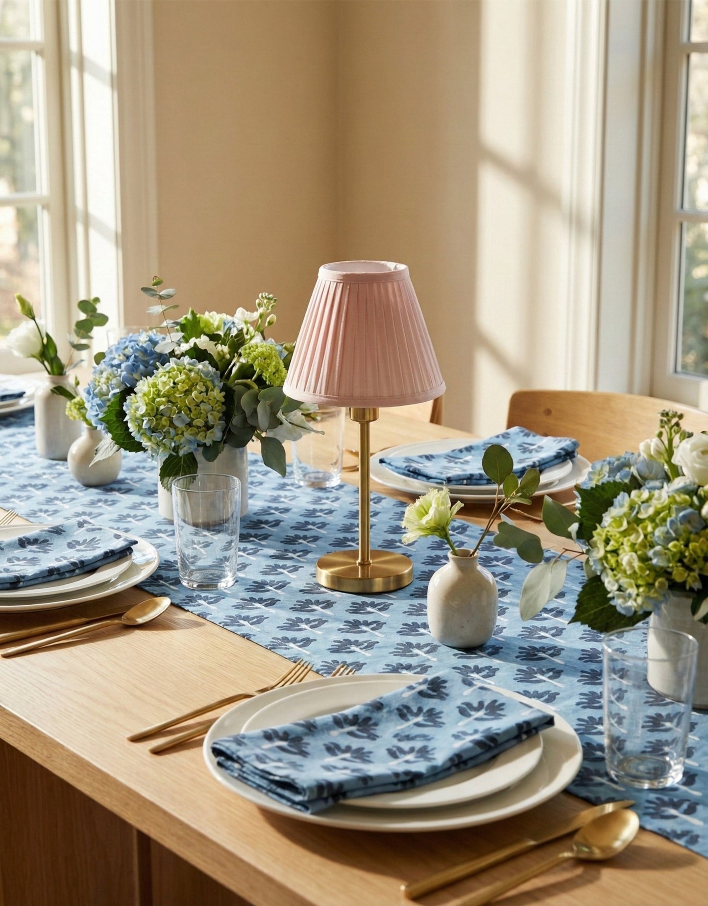 Zeenat Hand-Printed Linen Table Runner — Steel Blue