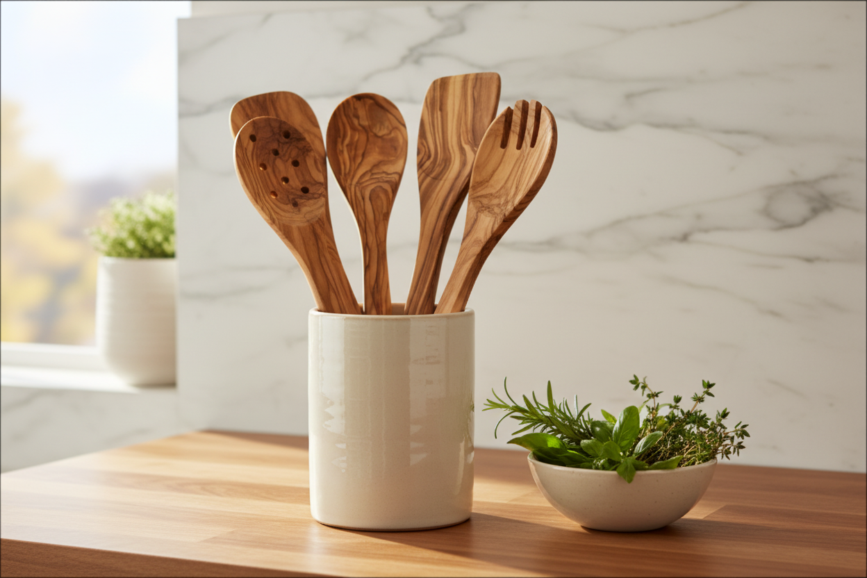 Set of wooden kitchen utensils including spatulas and a fork on a white background