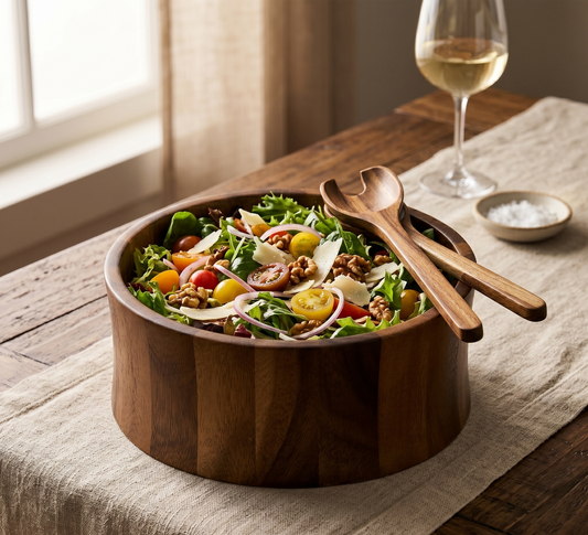Maribo Acacia Wood Large Salad Bowl with Servers | 10” Serving Bowl Set