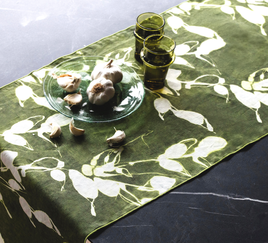 Porto Print Olive Linen Table Runner