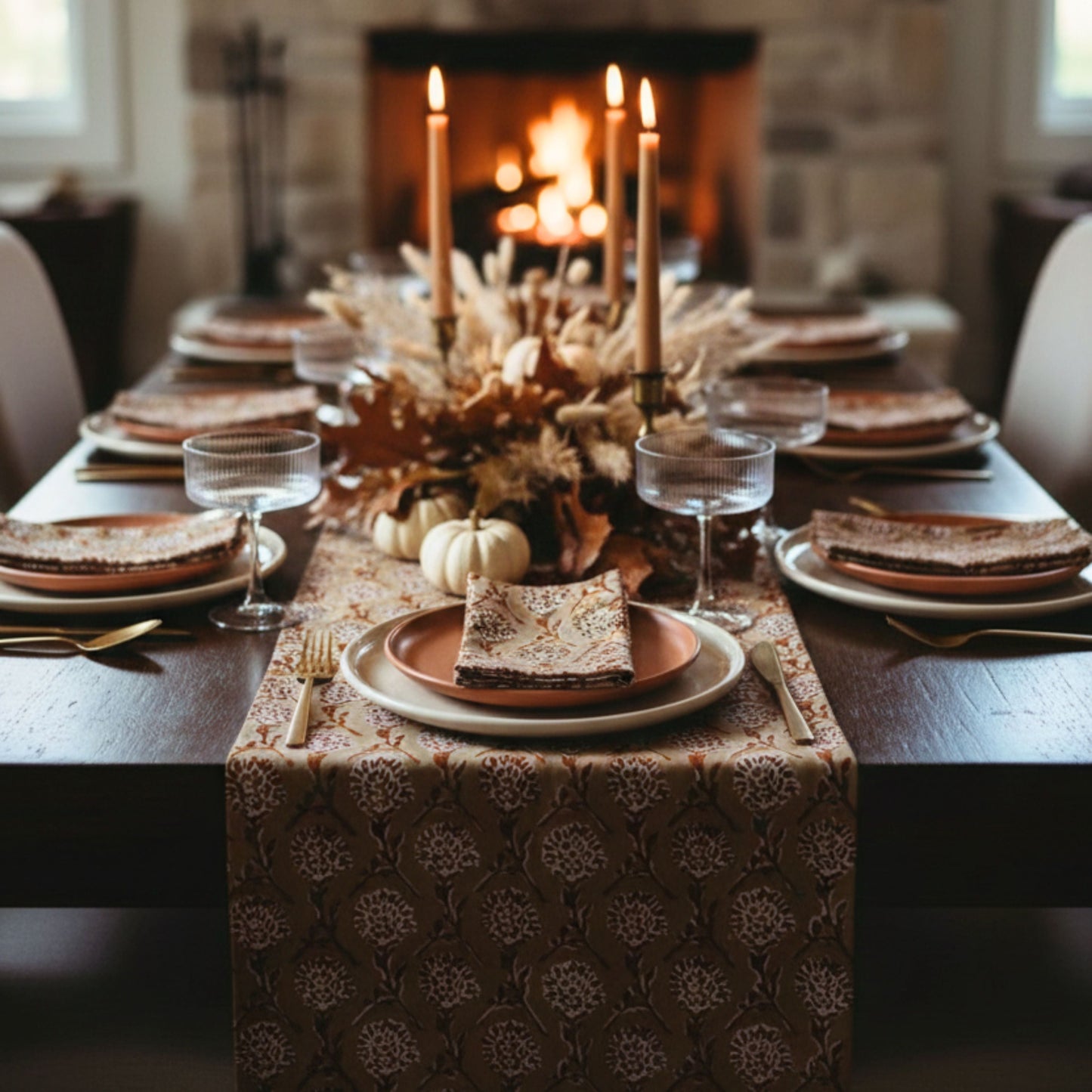 Nikhar Hand-Printed Linen Table Runner — Chai Brown