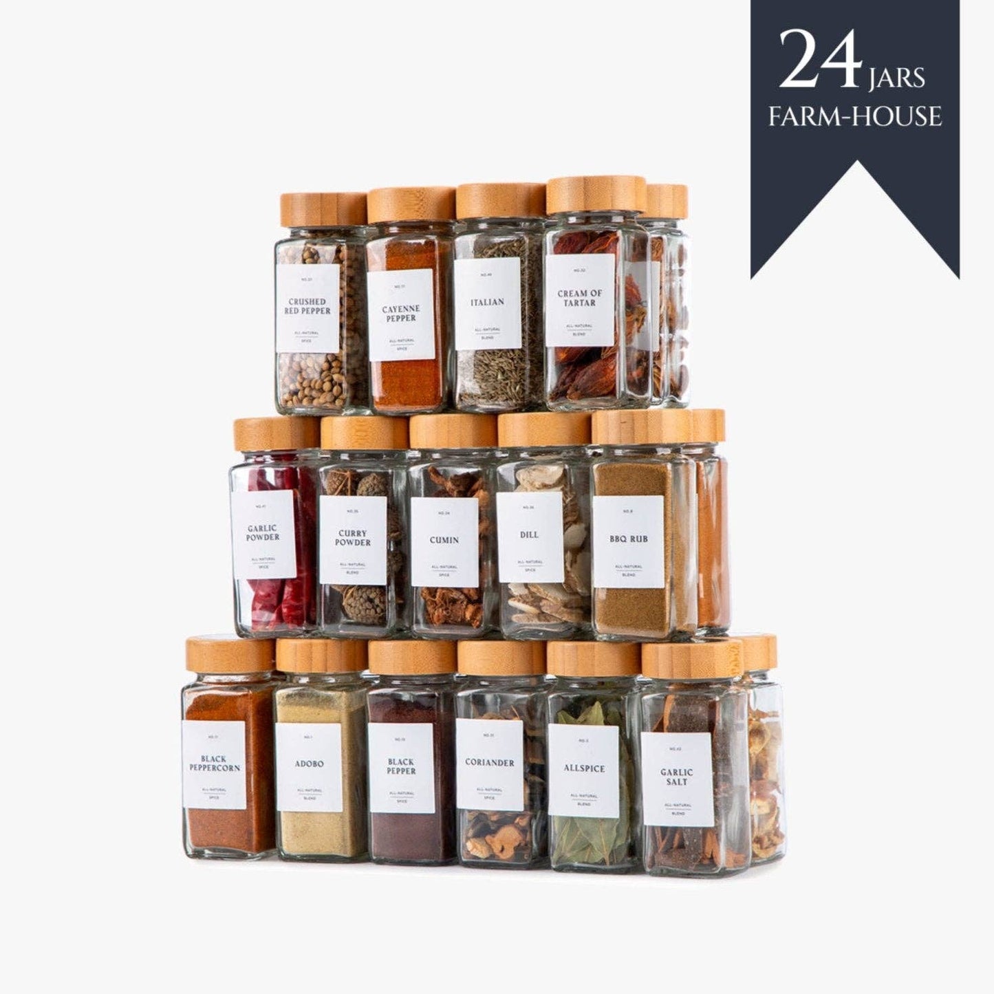 Stack of 24 glass spice jars with wooden lids on a white background, featuring the '24 Jars Farm-House' brand.