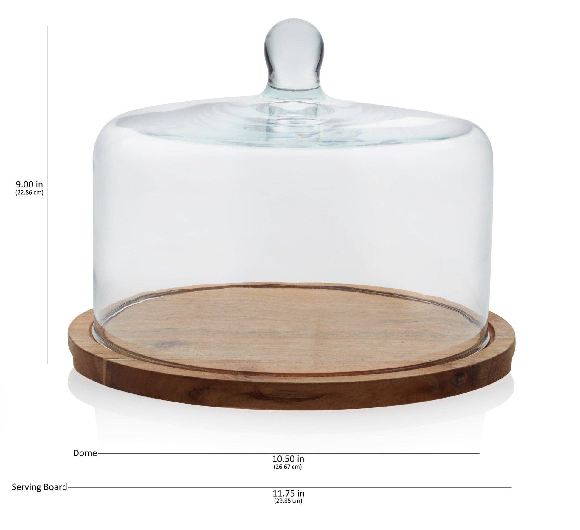 Glass dome with wooden base and measurements on a white background