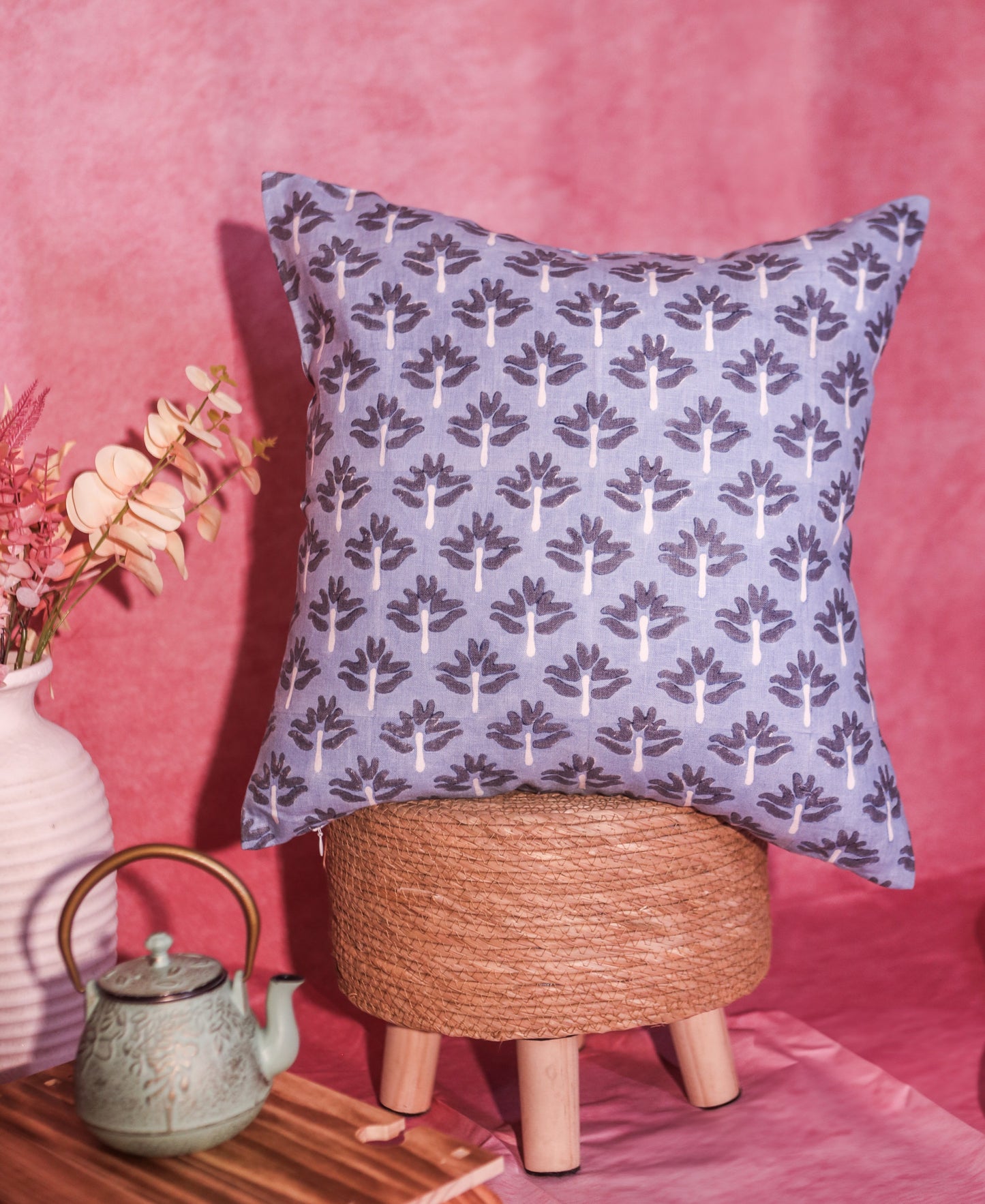 Zeenat Linen Throw Pillow Cover — Steel Blue