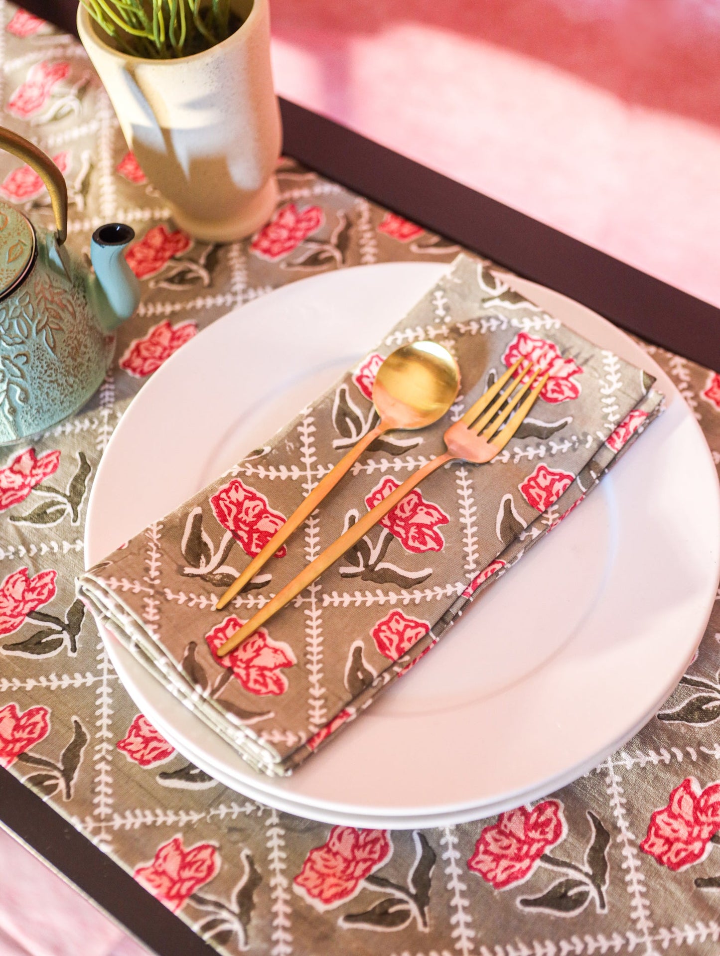 Noor Linen Napkins — Olive & Pink, Set of 2