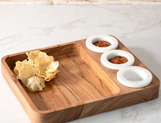 Acacia Wood Tray with Ceramic Bowls — Set of 3